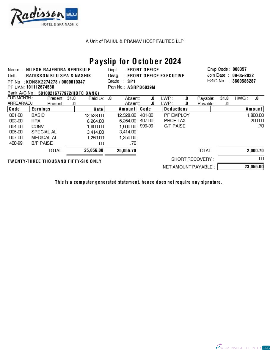 Download Radisson Blu Hotel & Spa payslip template in Word and PDF formats.pdf, 1 Photoshop template